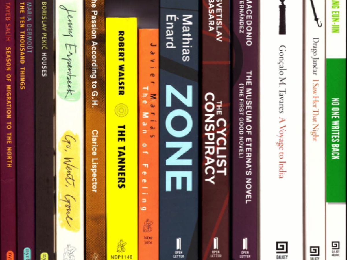 A closeup of a shelf of books, spines visible