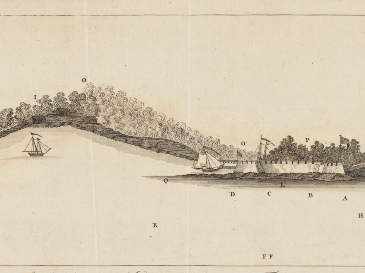 Relief view of Sullivan's Island from Boston Harbor with tall ships 