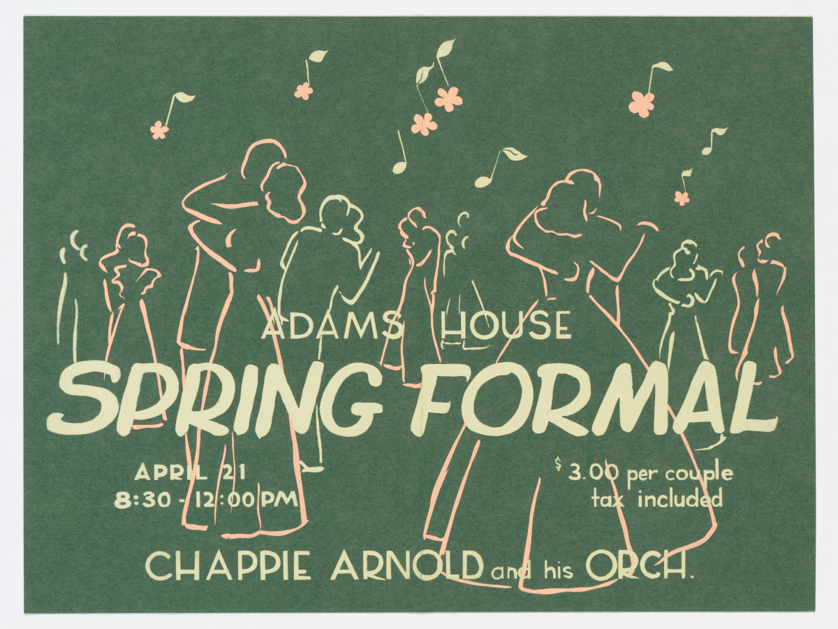 Image of an illustrated poster for the Adams House Spring Formal, featuring a green background with outlines of dancing couples