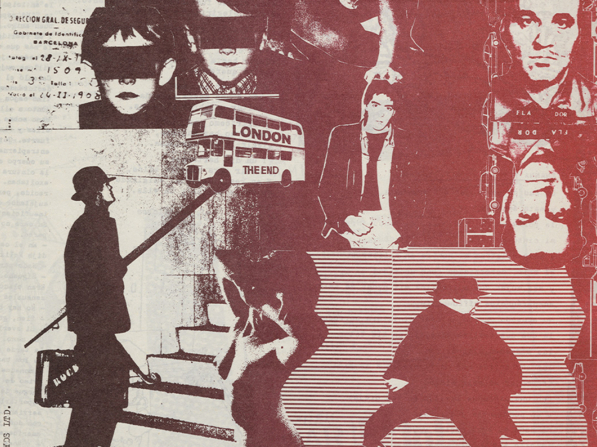 Detail of cover of Atraccions fanzine of various men walking, masked, and such.