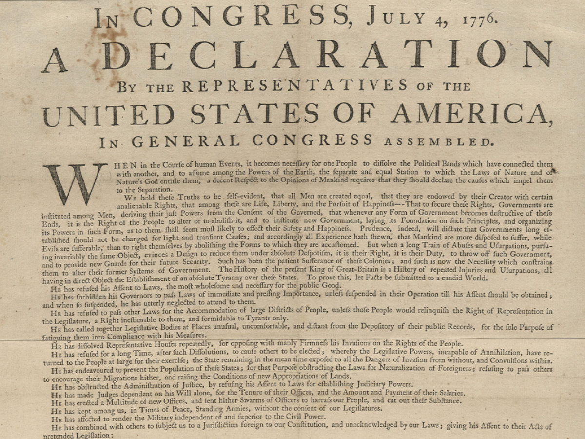 Top half of broadside of the Declaration of Independence printed by John Dunlap.