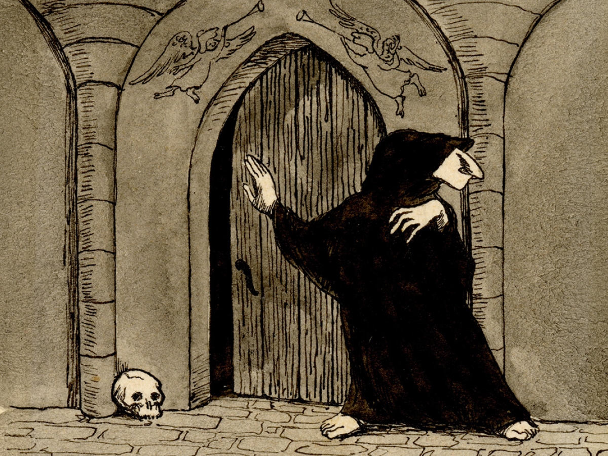 Black and white drawing of a figure wearing a long black cloak, standing near an arched doorway with a skull on the ground.