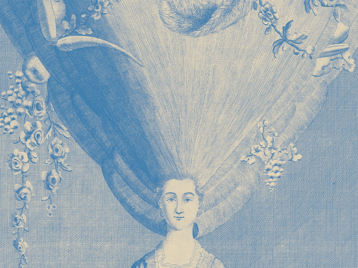 Print depicting a comical coiffure towering impossibly high over a woman’s head that includes flowers, fruits, and feathers.