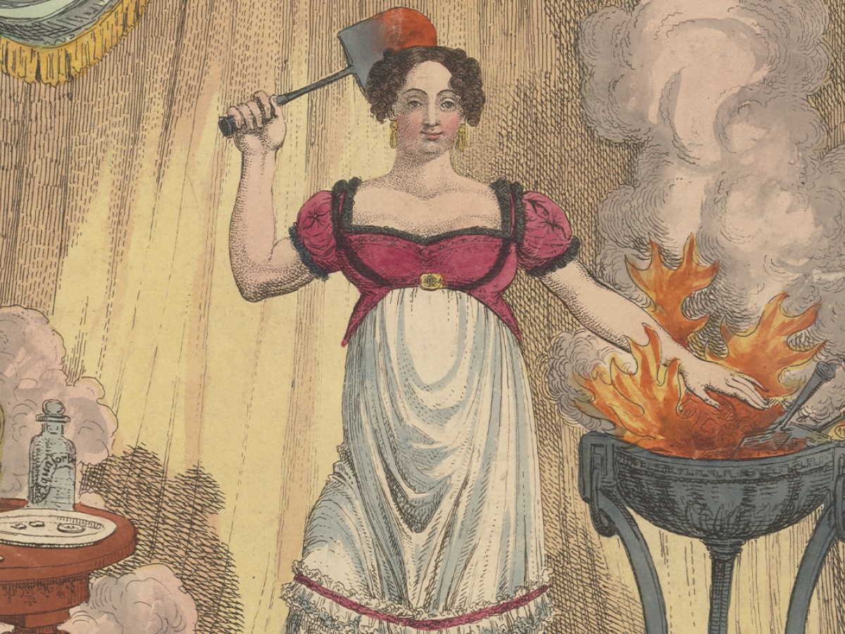 Hand-colored etching of Madame Girardelli standing with her left hand over live flames.