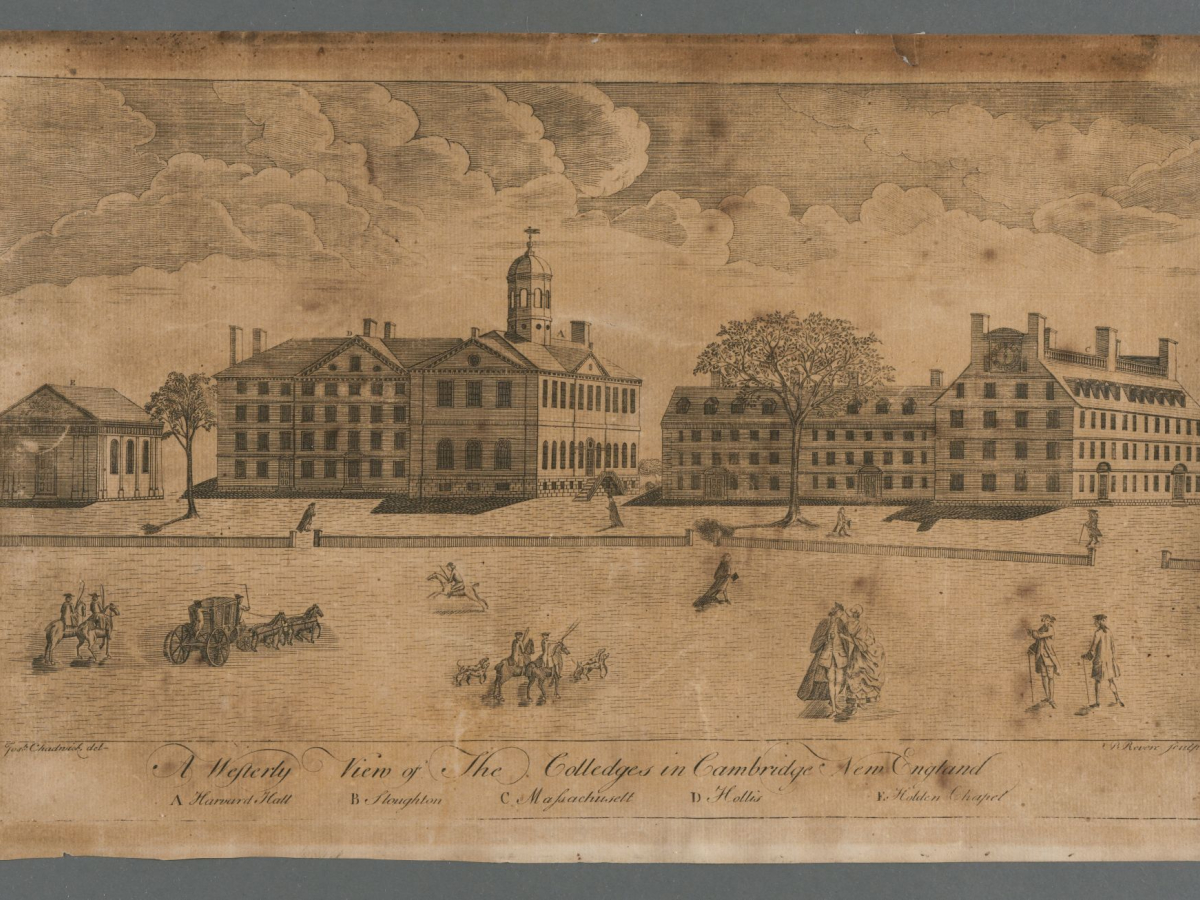 Engraving of five brick college buildings with colonial figures depicted in the foreground.