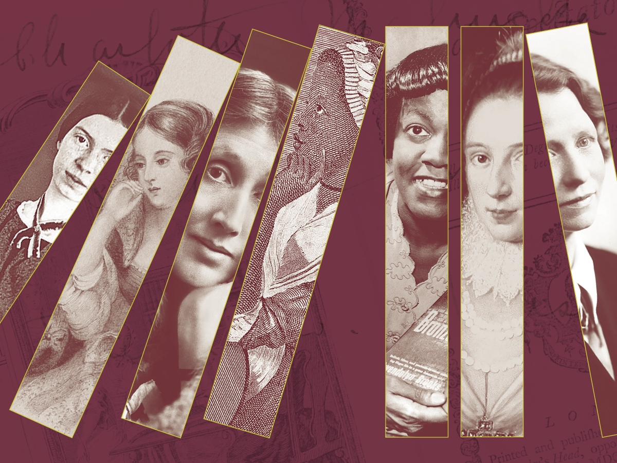 Seven book spines with details of portraits of women authors.