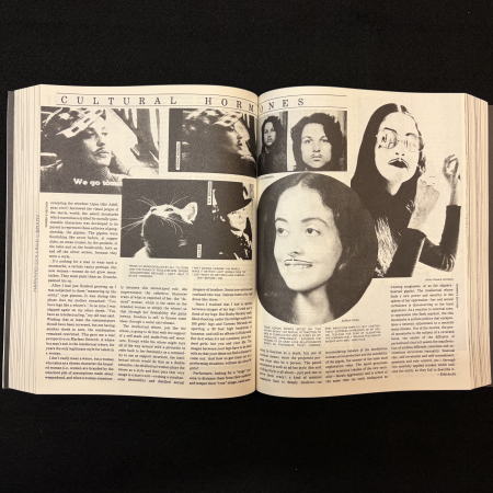 Interior spread of article featuring various image of artists in fake moustaches 