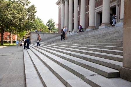 students walk up widener steps