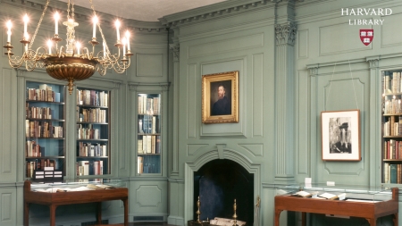 Photograph of a bookshelf in a room with a fireplace, paintings and tables