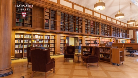 Photograph of a room with bookshelves and leather chairs