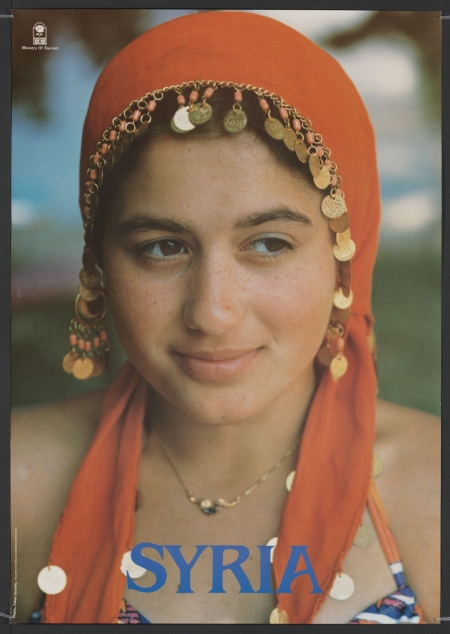 Woman in a red headscarf with the word "syria"