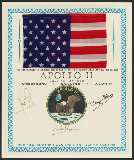 American flag carried to the moon by Neil Armstrong in his Personal Preference Kit and mounted on a commemorative certificate signed by all three Apollo 11 astronauts. Private collection.