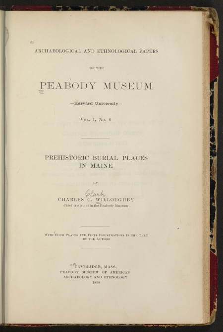 Title page of a book, Prehistoric Burial Places in Maine, by Charles Willoughby