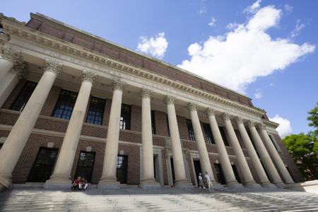 The exterior view of the Widener Library, with large steps and columns
