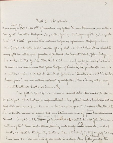 A page from Robert Louis Stevenson's unpublished manuscript, Memoirs of himself, 1880.