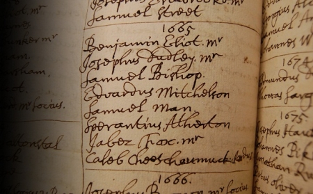 A picture of an old page in a book with many handwritten signatures. 