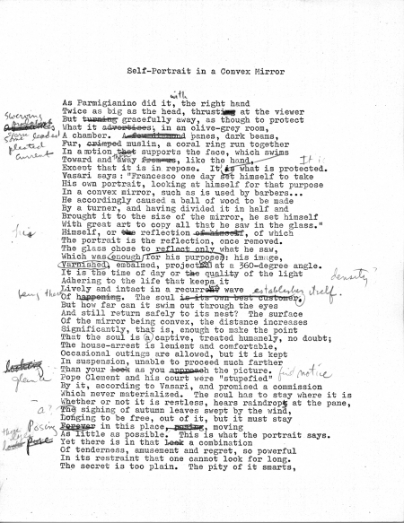 John Ashbery. “Self-portrait in a Convex Mirror,” typescript with autograph changes, ca. 1974. 