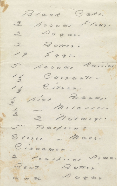 Manuscript recipe for Emily Dickinson’s black cake written in pencil on cream-colored and lightly stained paper.