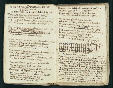 A handwritten page from "Scenes on the great bridge By the Genius C.B." One of several miniature manuscripts made by Charlotte and Branwell Brontë in the collection.