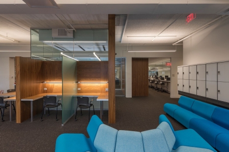 Cabot study space with several couches, empty of students