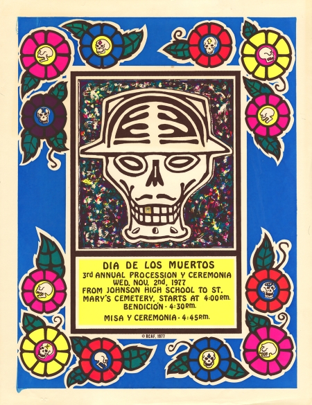 Poster announcing a Día de los Muertos celebration featuring a large skull and a flower border