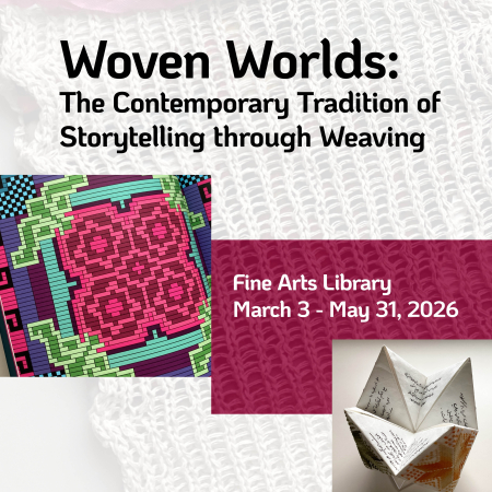 Poster design with the title of exhibit and sample images including bright colored woven design