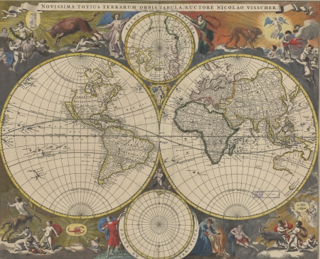 A double hemisphere map of the world from 1690 with brightly colored astrological figures in the corners. 