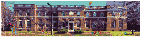 Video game-like pixelated image of Harvard-Yenching Library with classic game characters
