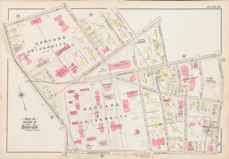 G.W. Bromley & Co., Atlas of the City of Cambridge, 1903: The page for Harvard Yard in a 1903 fire insurance atlas (brick buildings in red).