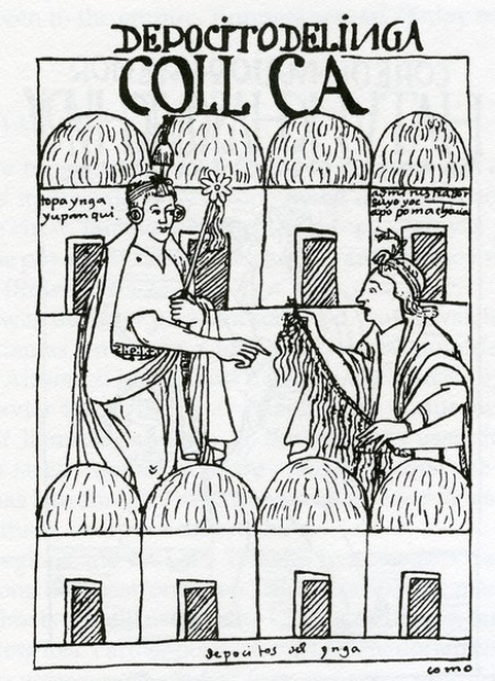 Black and white drawing of two people, one holding 'quipu' cords.