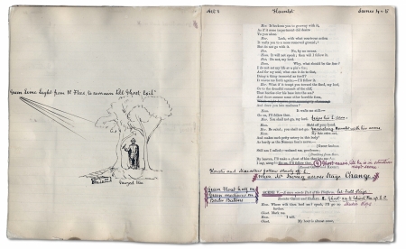 Lighting instructions for the ghost scene from a promptbook for Henry Irving's "Hamlet," 1874.