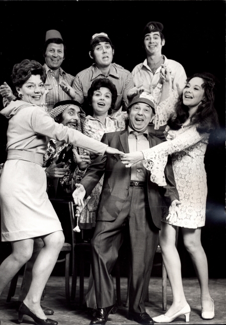 The cast of From Israel With Laughter, a musical revue directed by Shimen Dzigan, New York City, 1969.