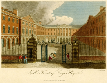 North Front of Guy’s Hospital. Hand-colored engraving, 1815.