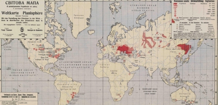 World map with clusters of red dots showing Ukrainian emigration