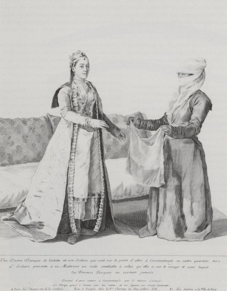 Engraving print showing a Frankish woman of Galata and her slave, both standing. The face of a slave is covered with cloth and she is offering a bag to her master. 