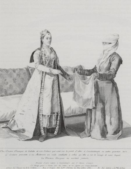 Engraving print showing a Frankish woman of Galata and her slave, both standing. The face of a slave is covered with cloth and she is offering a bag to her master.