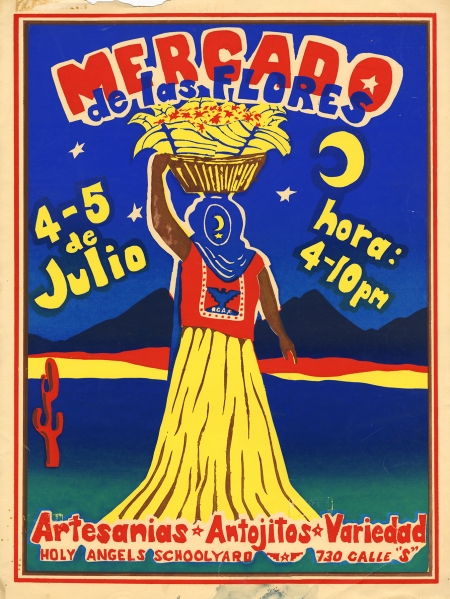 Brightly-colored poster of a flower vendor with text advertising an outdoor market in Spanish.