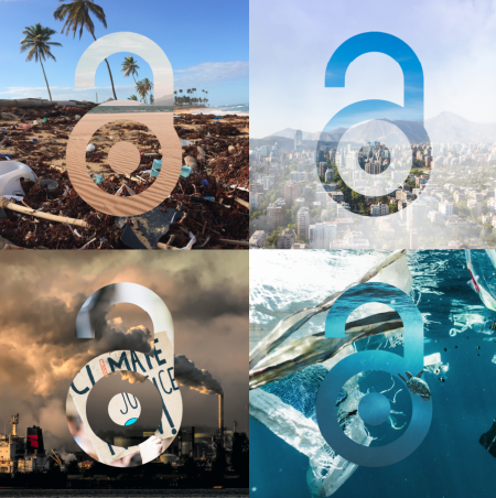 graphics of open locks overlaid with polluted water, cities, and beaches