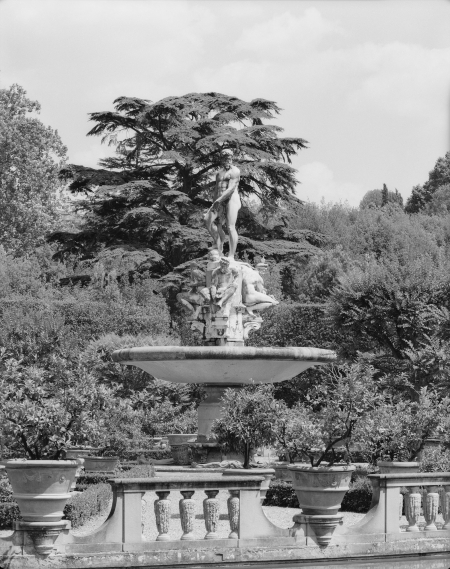 Oceanus Fountain in Florence, surrounded by trees and other greenery