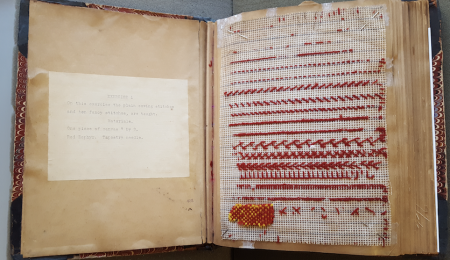 Plain and fancy stitches from a volume of sewing exercises.
