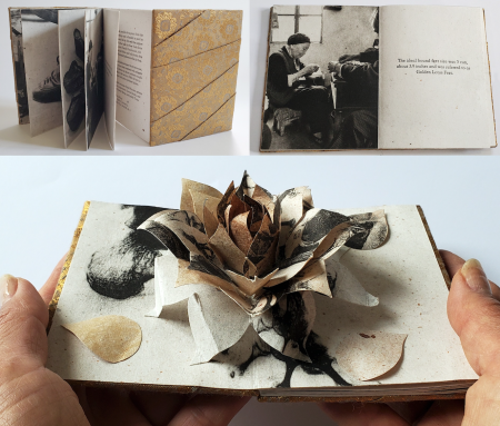 Hands holding an opened book with three-dimensional lotus flower in the center