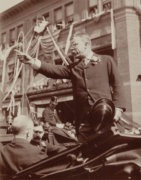 Theodore Roosevelt delivering a speech from a carriage in Connecticut.
