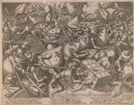  The Fight of the Money-Bags and the Coffers. Print by Pieter van der Heyden.