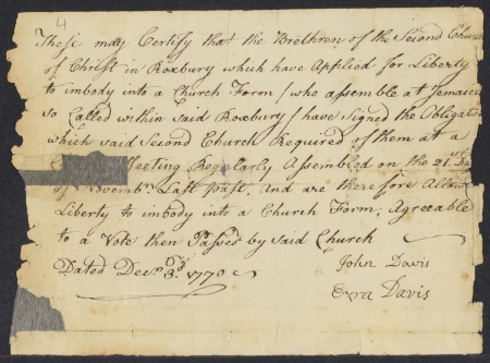 First Congregational Society (Jamaica Plain, Boston, Mass.). Records, 1770-1837