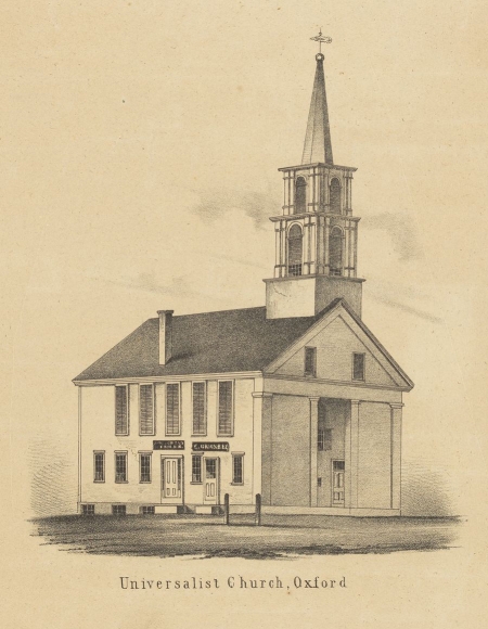 Drawing of First Universalist Church in Oxford, MA, built in 1792.