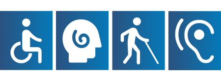 Blue banner with icons for mobility, cognitive, visual, and auditory disabilities.