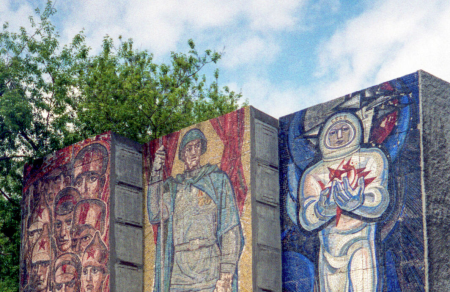 Stone monuments illustrated with mosaic of tiles show pay tribute to the Red Army and Cosmonaut Yuri Gagarin 