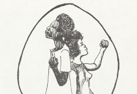 Sketch of two people back to back. 