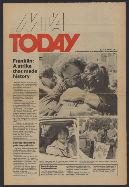 A scan of a Massachusetts Teachers Association Publication, showing the headline "Franklin: A strike that made history" and an image of two people embracing