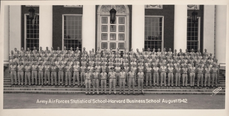 Men in uniform posing on Baker Library steps